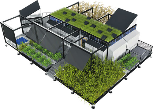 a model of a building with lots of grass growing on it