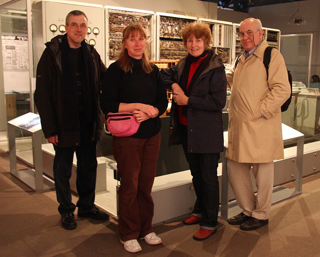 Computing History tour guides: Graham Farr, Barbara Ainsworth, Judy Sheard, Chris Avram, with CSIRAC in background